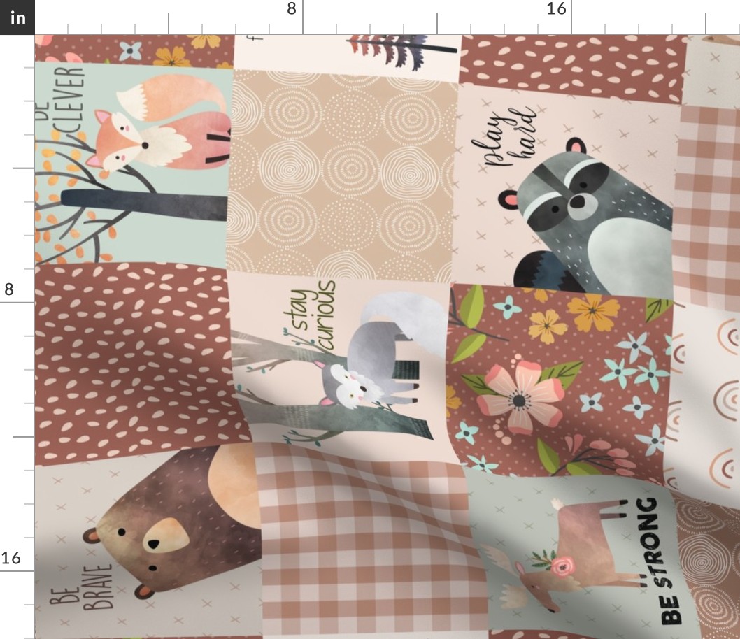 Woodland Critters Patchwork Quilt Earth Tone - Boho Girl Print Flowers Bear Moose Fox Raccoon Wolf ROTATED