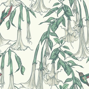 Hummingbirds and Trumpet Flowers, Large Angel Trumpets, Botanical Floral, Poisonous Flower, Vintage Wallpaper, Magnolia Off-White Neutral Background, Yellow Flowers, Brugmansia Fabric 