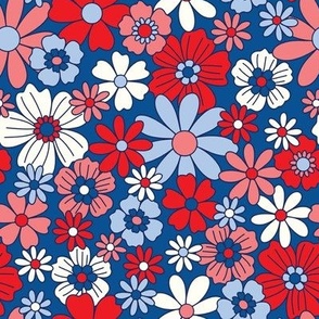 Retro Floral Red White and Blue on Navy