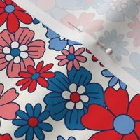 Retro Floral Red White and Blue on White