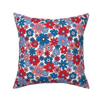 Retro Floral Red White and Blue on White