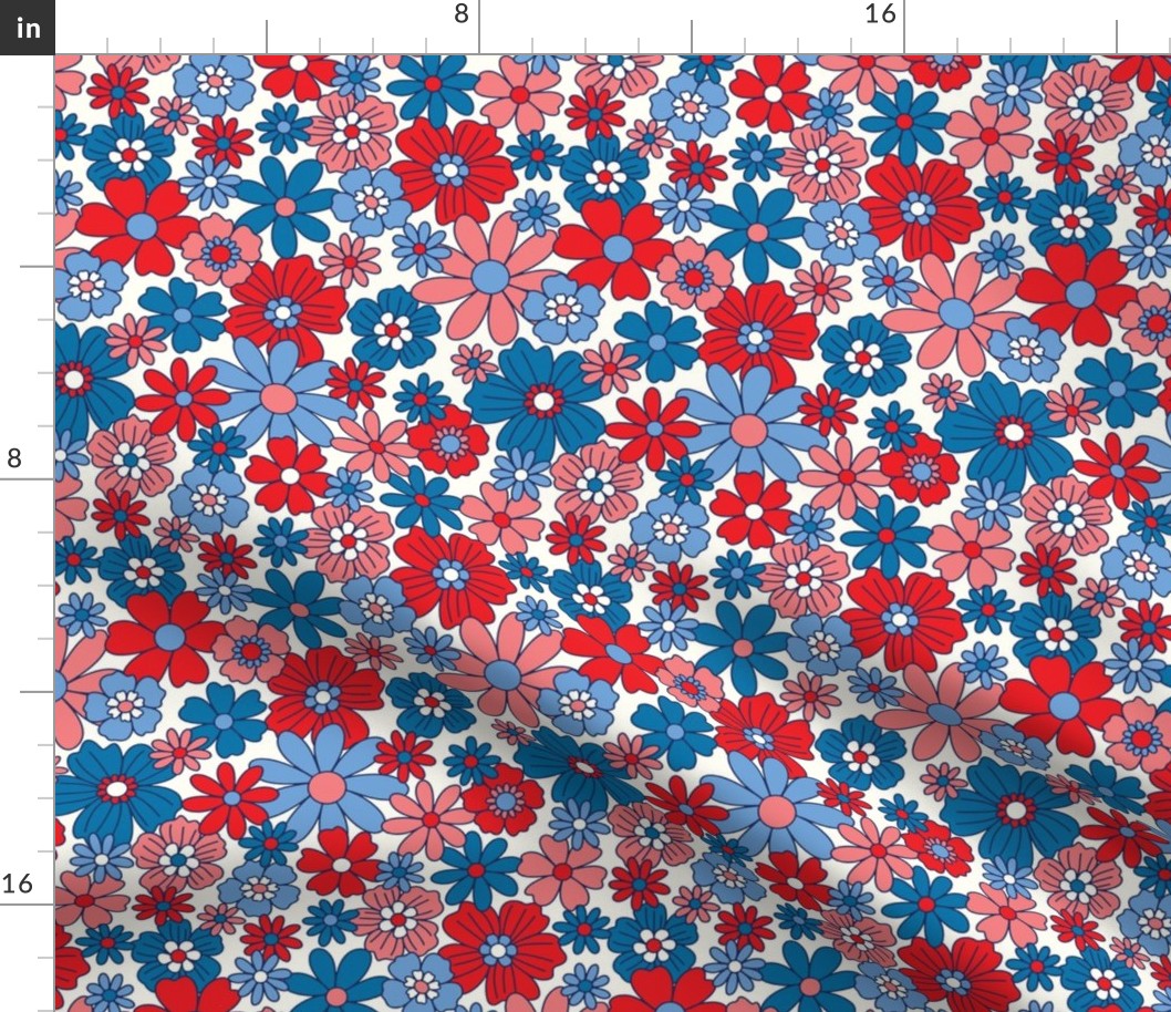Retro Floral Red White and Blue on White