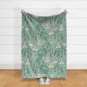 Hummingbirds and Trumpet Flowers, Large Angel Trumpets, Botanical Floral, Poisonous Flower, Romantic Vintage Wallpaper, Mint Green Background, White Flowers, Brugmansia Fabric by