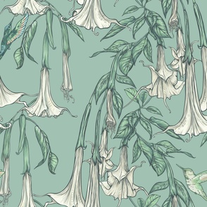 Hummingbirds and Trumpet Flowers, Large Angel Trumpets, Botanical Floral, Poisonous Flower, Romantic Vintage Wallpaper, Mint Green Background, White Flowers, Brugmansia Fabric by