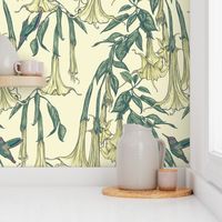 Hummingbirds and Trumpet Flowers, Large Angel Trumpets, Botanical Floral, Poisonous Flower, Dark Vintage Wallpaper, Magnolia Light Yellow Background, Yellow Flowers, Brugmansia