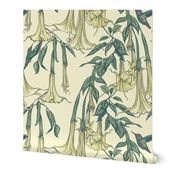 Hummingbirds and Trumpet Flowers, Large Angel Trumpets, Botanical Floral, Poisonous Flower, Dark Vintage Wallpaper, Magnolia Light Yellow Background, Yellow Flowers, Brugmansia