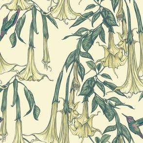 Hummingbirds and Trumpet Flowers, Large Angel Trumpets, Botanical Floral, Poisonous Flower, Dark Vintage Wallpaper, Magnolia Light Yellow Background, Yellow Flowers, Brugmansia