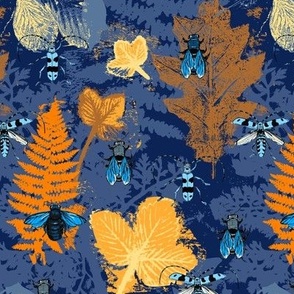 bees & beetles among the foliage - blue orange