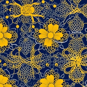 Golden Yellow Blooms on Navy Filigree Seamless Pattern 