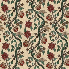 Garden Stripes 1: Vines and Flowers in reds and mustards, large scale 