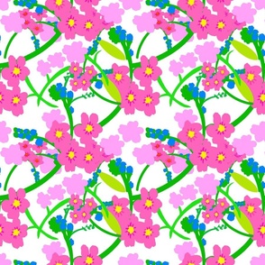 Forget Me Not Flowers Mini Silhouette Floral Garden In Hot Pink, Pastel Pink And berry Blue Retro Modern Maximalist Mid-Century Ditzy Wallpaper Overlay Repeat Pattern