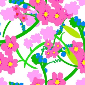 Forget Me Not Flowers Silhouette Floral Garden In Hot Pink, Pastel Pink And berry Blue Retro Modern Maximalist Mid-Century Ditzy Wallpaper Overlay Repeat Pattern