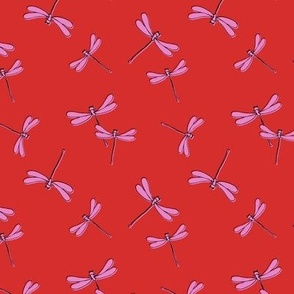 Minimalist boho style dragonfly - tossed messy summer insects vintage pink red style on red SMALL