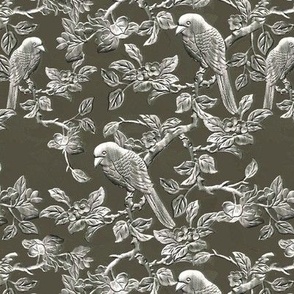 Embossed Shimmering Platinum Birds and Branches on Dark Sage - Medium Scale