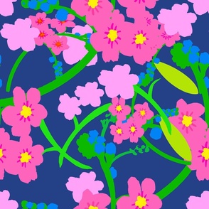 Forget Me Not Flowers Big Silhouette Floral Garden In Hot Pink, Pastel Pink And Berry Blue On Navy Retro Modern Maximalist Mid-Century Ditzy Wallpaper Overlay Repeat Pattern