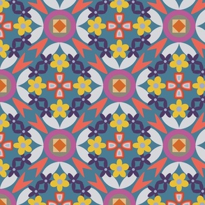 Big Colorful Kaleidoscopic Shapes and Flowers on Navy Background