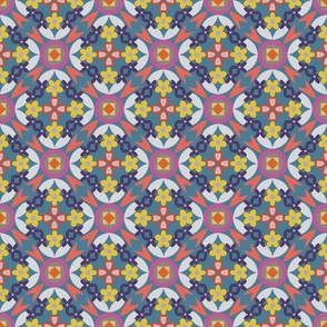 Small Big Colorful Kaleidoscopic Shapes and Flowers on Navy Background