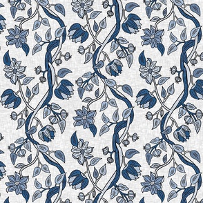 Garden Stripes II: Vines and Flowers in Blue Monochrome