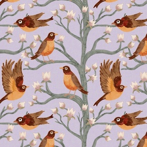 Robins in Magnolia Trees Grandmillennial Chinoiserie ✤ lavender blue linen