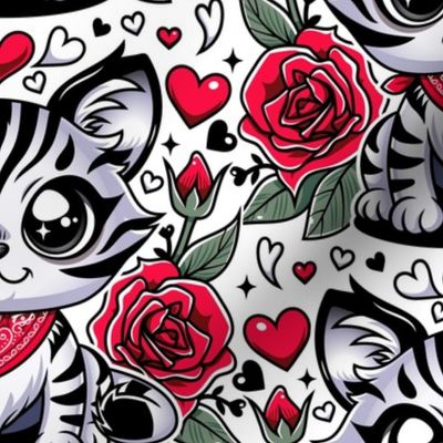 Purrfect Love: Striped Cat with Red Bandana amidst Hearts & Roses