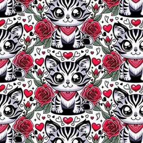 Purrfect Love: Striped Cat with Red Bandana amidst Hearts & Roses