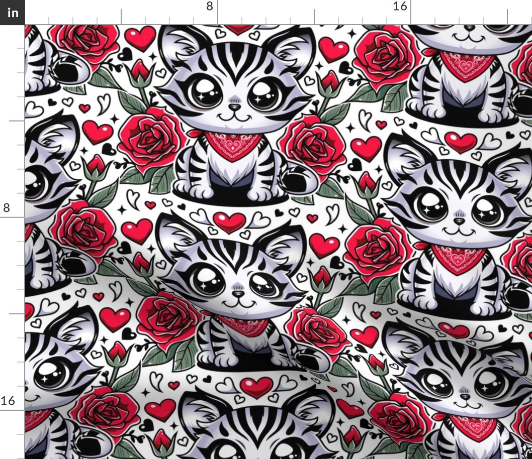 Purrfect Love: Striped Cat with Red Bandana amidst Hearts & Roses