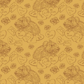 Hand Drawn Vintage Valentines Day Pika Damask Pattern with Flowers and Hearts Medium Scale Light Mustard