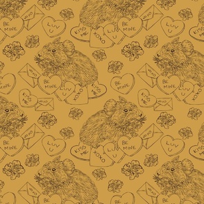 Hand Drawn Vintage Valentines Day Pika Damask Pattern with Flowers and Hearts Medium Scale Dark Mustard