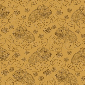 Hand Drawn Vintage Valentines Day Pika Damask Pattern with Flowers and Hearts Small Scale Dark Mustard