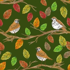 Birds and tree branches with autumn leaves on forest green, large scale.
