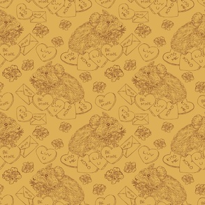 Hand Drawn Vintage Valentines Day Pika Damask Pattern with Flowers and Hearts Small Scale Light Mustard