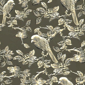 Embossed Shimmering Gold Birds and Branches on Dark Sage - Large Scale
