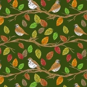Birds and branches with autumn leaves, small scale  for quilting fabric or other sewing projects.