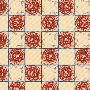 scribbly flowers in teracotta checks blue twill