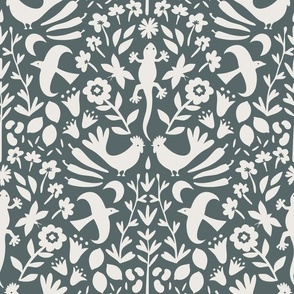 Nature's Fiesta (medium), dark teal grey and off-white