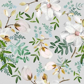 Large Light Grey White / Floral / Wallpaper