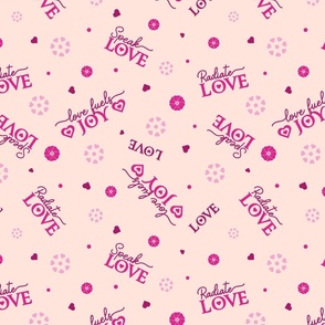 Radiate Speak Fuel Love in Barbie Pink with Mauve Hearts and Raspberry Flowers on Beige