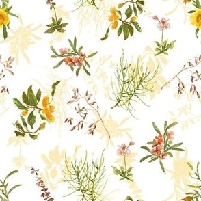 Davis Creek Wildflowers Small Hand Painted Watercolor Pattern Fabric Wallpaper white peach warm