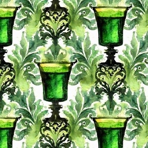 Absinthe Glass Watercolor Damask Pattern