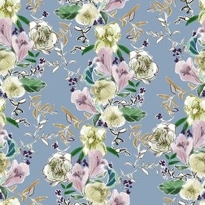 Keep Trying Floral Pattern Small Vertical Fashion Apparel Quilting Fabric Wallpaper Smokey Blue