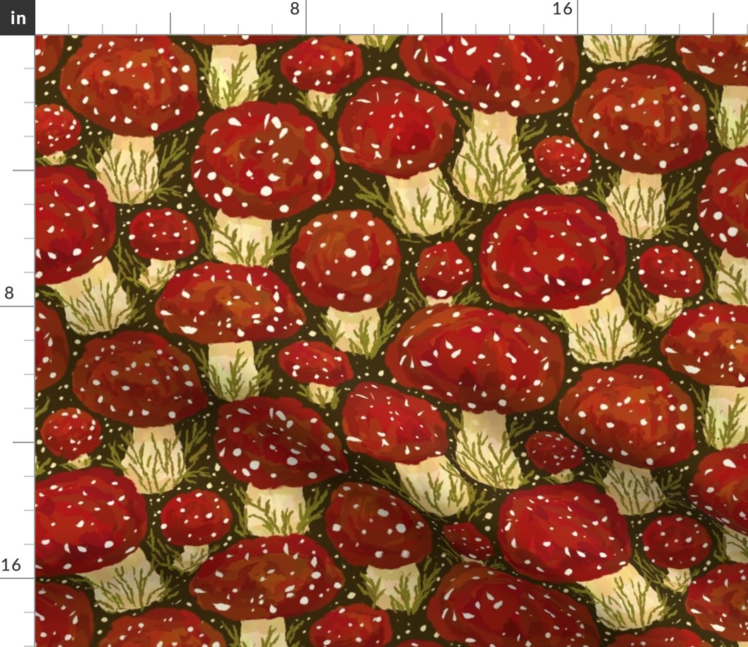 13.5x8 Red Mushroom Meadow - Painterly Maximalist Magic Mushrooom Art