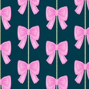 Pink Bows with Beads on Dark Green Large Scale