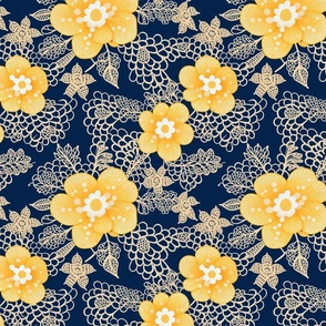 Sunshine Lace: Yellow Florals on Navy Delicate Mesh