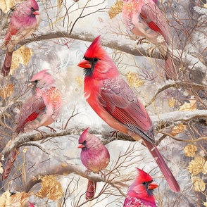 Sunkissed Cardinals in Snowy Forest
