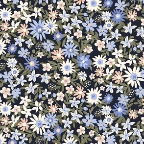 SMALL ⎸ Vintage hand painted dense secret garden spring floral in midnight navy, baby blue
