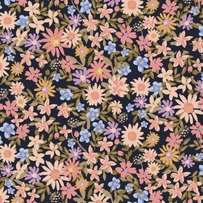 SMALL ⎸ Vintage hand painted dense secret garden spring floral in midnight navy, peach, blue, olive