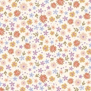 Hand painted simple tossed daisy flowers in Sunset colours, pink, yellow, terracotta, lilac and blue