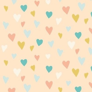 tiny hearts · multicolored on peach, retro
