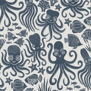 Playful Octopuses - Bubbly Background - Blue - Large Version