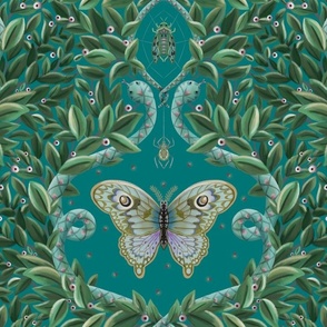 Busy damask pattern of a magical jungle - Teal and green  - large print.